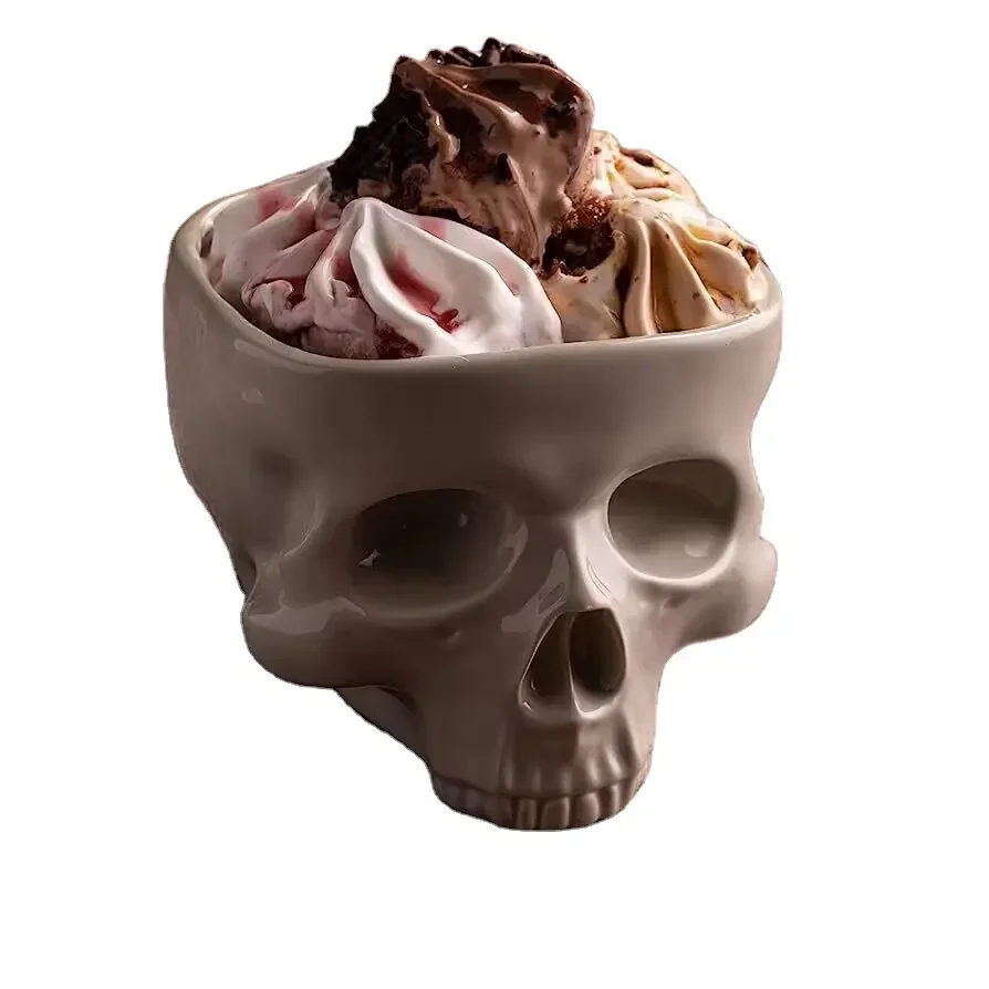 2023 New Upgrade Halloween Decorations Human Skull Ceramic Bowl Custom Size Skull Planter Deep Skull Head Candy Dish