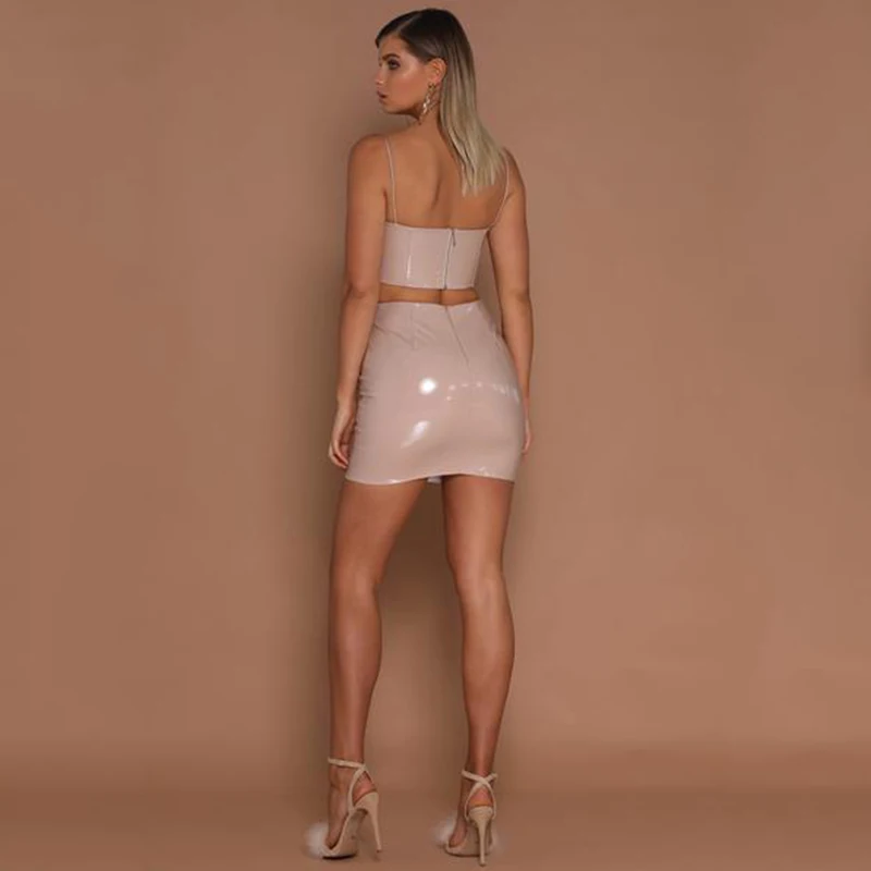 
2019 Latets fashion women clothing sets sexy women clothes 2 pieces set bandage tank tops and PU skirts 