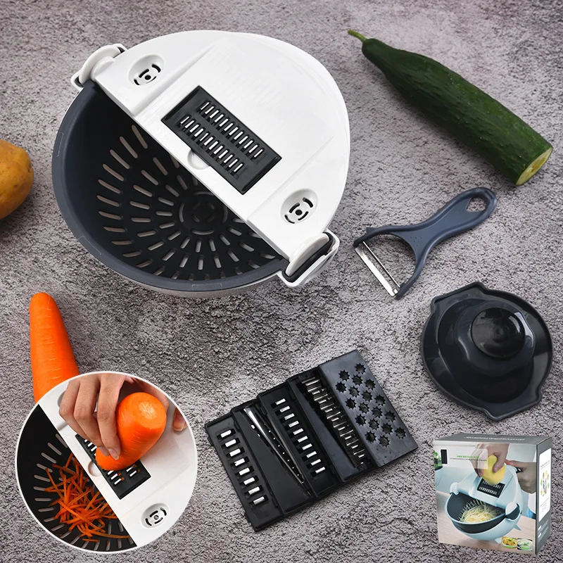 Multifunctional manual vegetable slicer 9 in 1 vegetable fruits cutter Kitchen chopper with Drain Basket