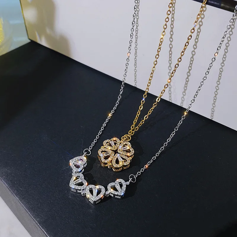 2023 Unusual Together 4 Crystal Heart Flower Pendant Gold Silver color Stainless Steel Necklace Chain