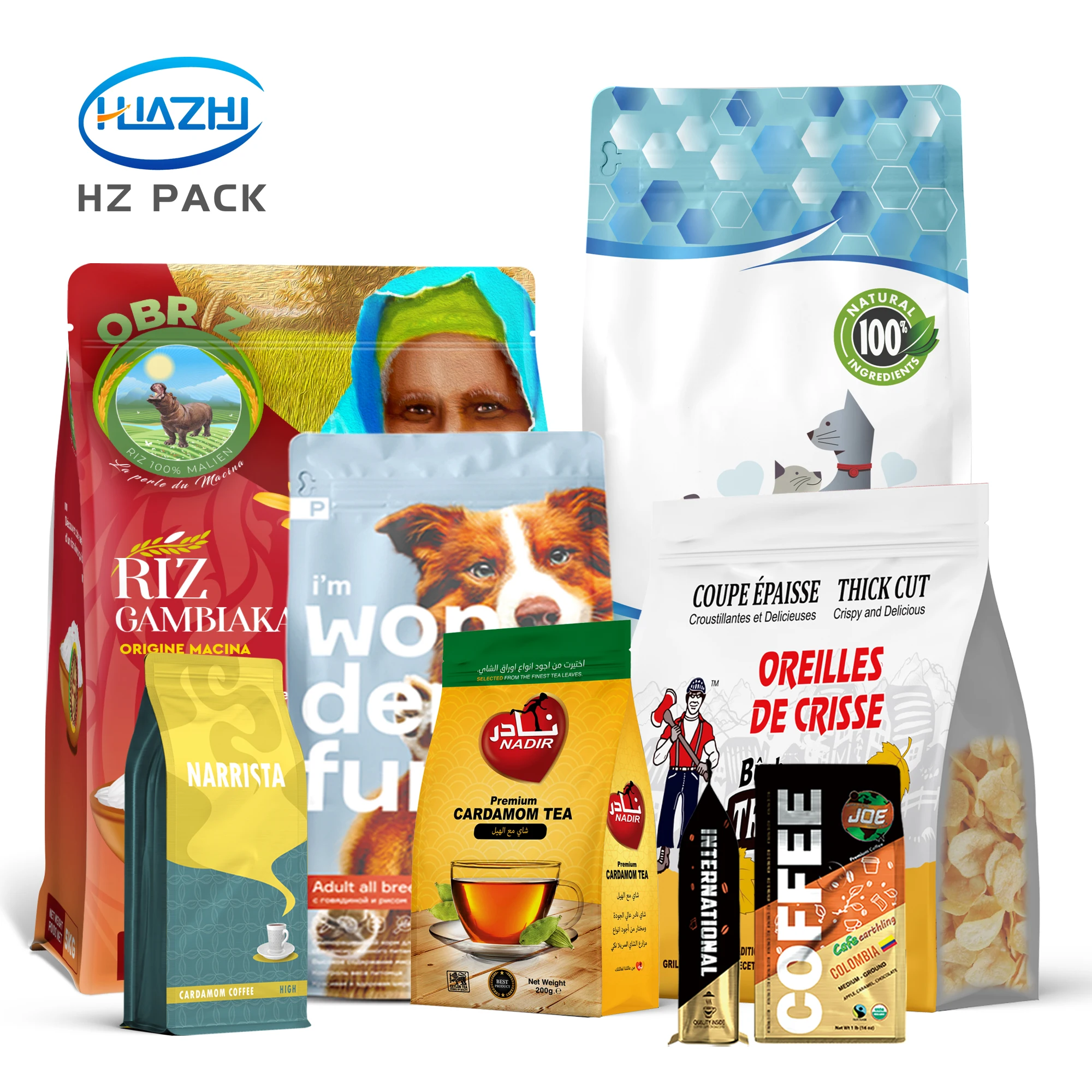 Custom Printing Food Grade Plastic Flat Bottom Zipper Pouch For Food Coffee Tea Potato Chips Packaging Ziplock Bag