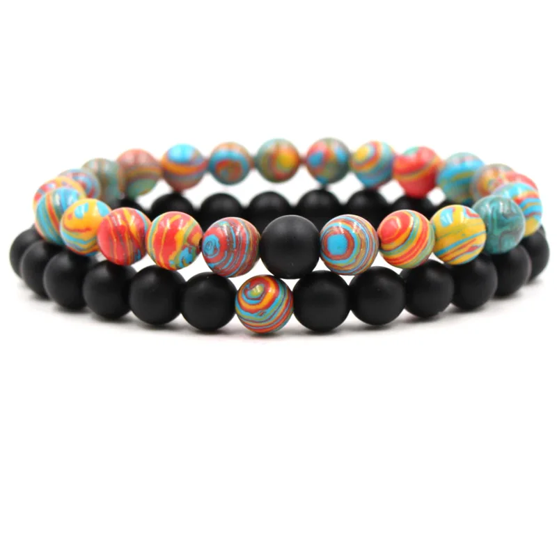 European New Design Yoga Jewelry 2Pcs/Set Natural Matte Black Stone Malachite Beads Strand Couple Distance Bracelet