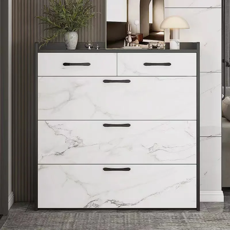 Modern White Marble 4 Tier Tipping Bucket Design Shoe Cabinet Wooden Shoe Rack With Storage Drawer