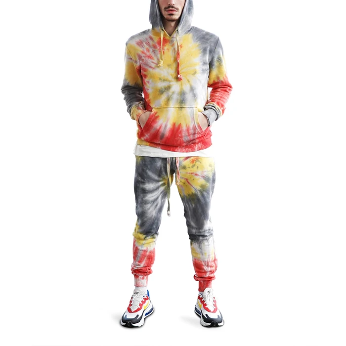 huilin factory oem custom tracksuit wholesale fashion tie dye men hoodie jogger sets two piece men tracksuit set