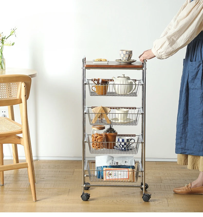 Sturdy & Stable Epoxy Coated Black Easy Assemble 4-Tier Utility Wire Mesh Basket Cart with Handle Metal Storage Basket Cart