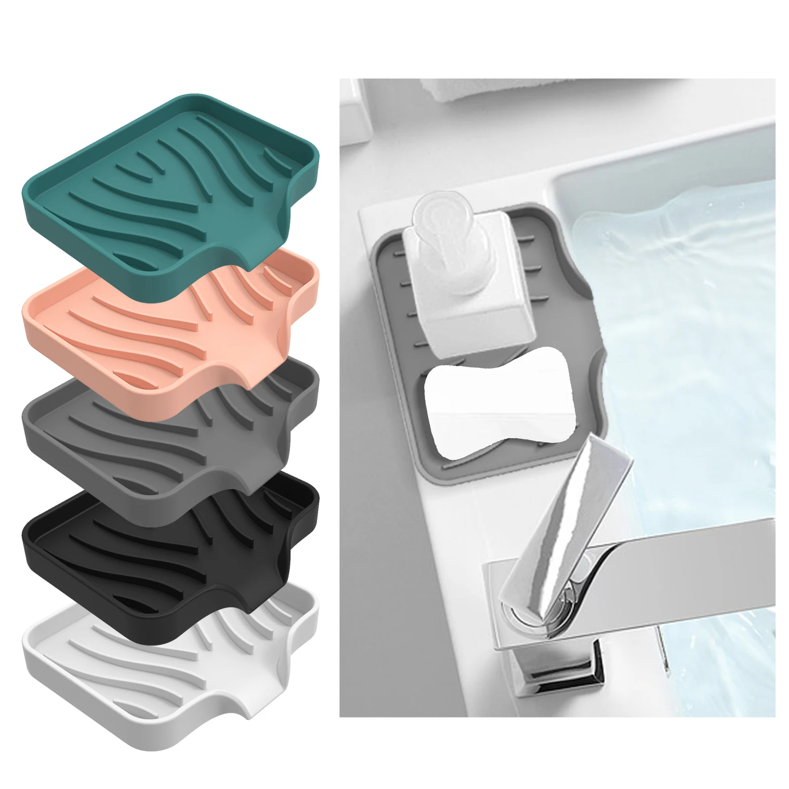 factory Hot Sale Silicone Sponge Holder Drain Sink Organizer Drying Rack Silicone Kitchen Soap Tray With Drain Spout