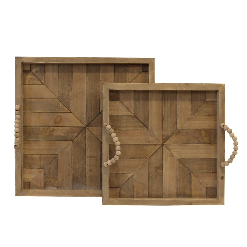 Set of 2 Creative Geometric High-end Rectangle Wood Serving Tray Decorative Splicing Wooden Breakfast Dinner Coffee Table Trays