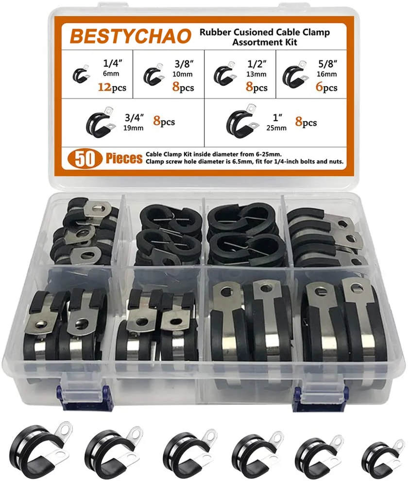 BESTYCHAO 50pcs Cable Clamps Assortment Kit, 304 Stainless Steel Rubber Cushion Pipe Clamps in 6 Sizes