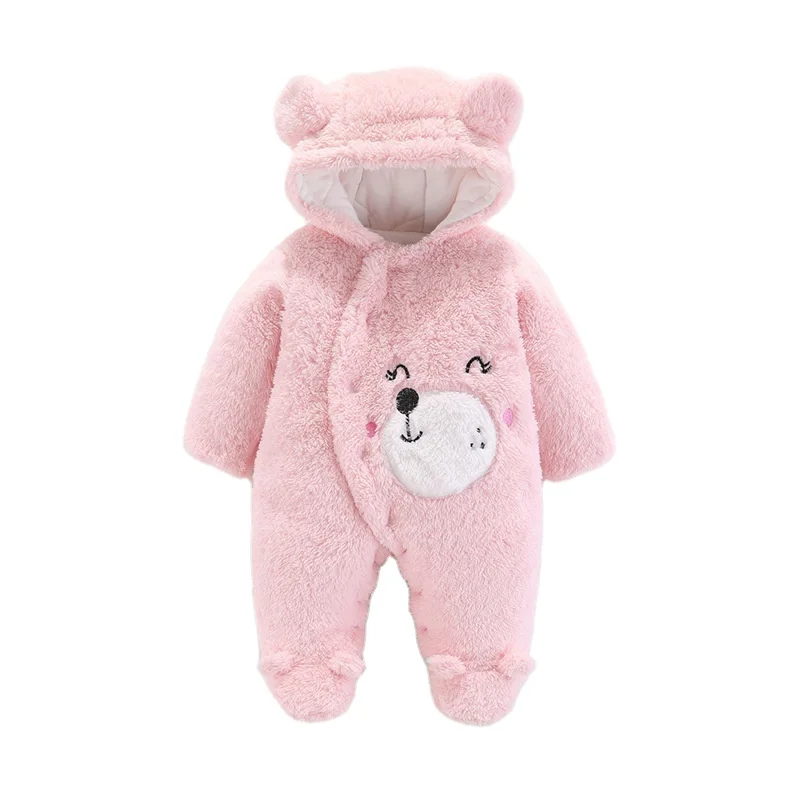 2024 Hot Sale High Quality Newborn Baby Winter Clothes Plush Rompers Hooded Long Sleeve Baby Girls Boys Thick Rompers With Shoes