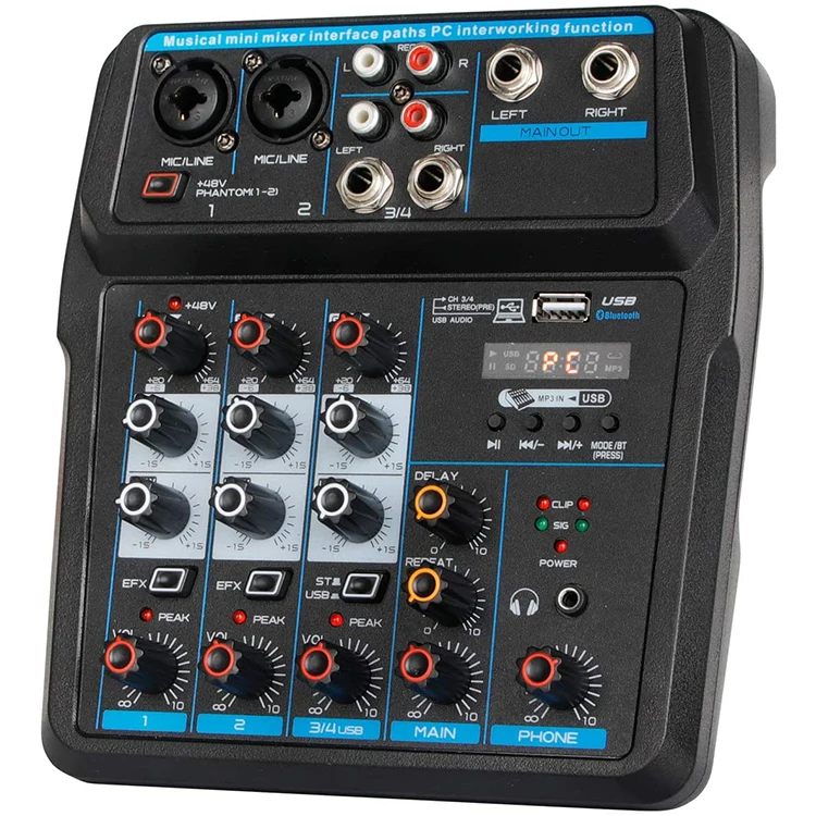 Professional 4 Channels Audio Mixers Sound Card Blue Tooth Bar Digital Ktv Video Mixing Audio Stuio Equipment