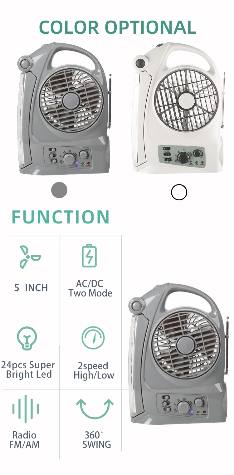 Changrong 5 inch solar rechargeable fan portable table fan with LED night light and  FM/AM radio