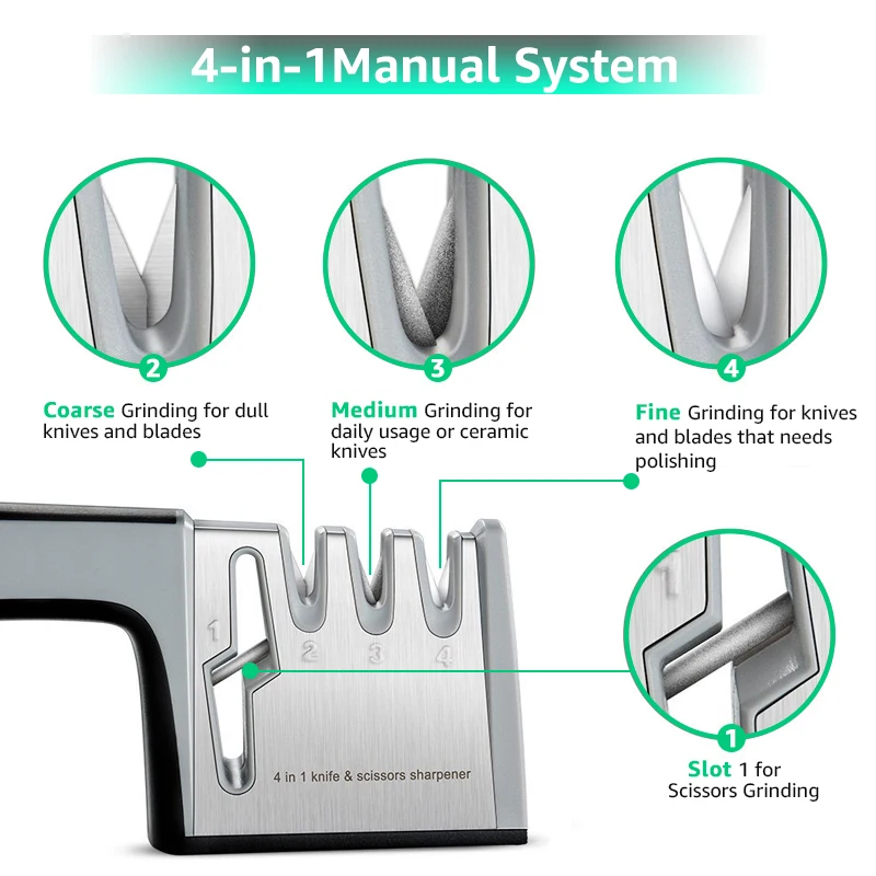 Knife Sharpener 4 in 1 Diamond Coated&Fine Rod Knife Shears and Scissors Sharpening stone System Stainless Steel Blades