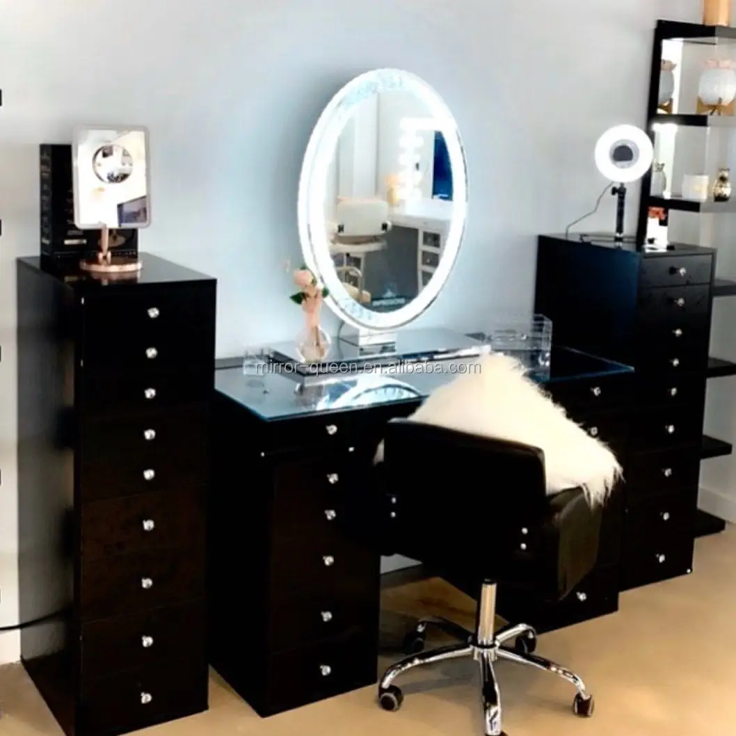 
Hot Sell Excellent Quality MDF Glossy Painting Lighted Makeup Vanity Table Bedroom Dresser With Led Lighted Makeup Mirror 