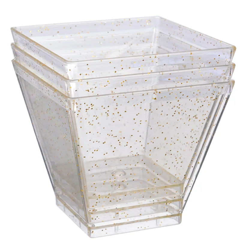 BST 25 pack 2 oz square glitter plastic cup 60ml disposable pet dessert cups with Tasting Spoons for Party Weddings