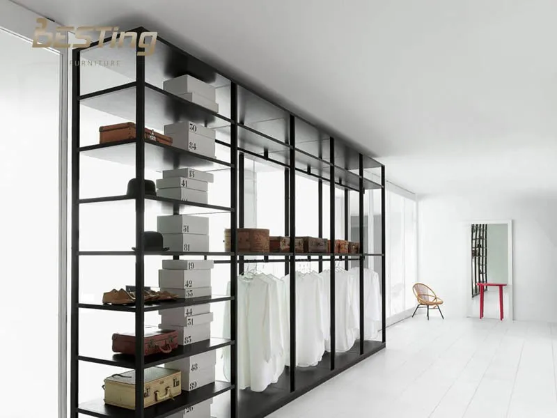 King size bedroom set with white tempered glass wall shelving system air dressing Wardrobe cabinet