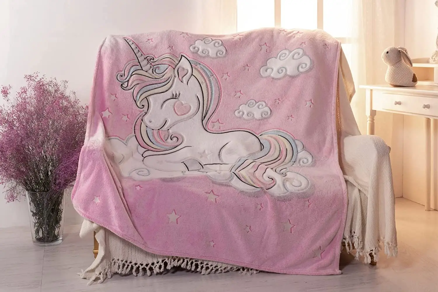 Factory Flannel Plush Throw Blanket Unicorn Blanket All Seasons Kids Pink Luminous Glow in The Dark Blanket