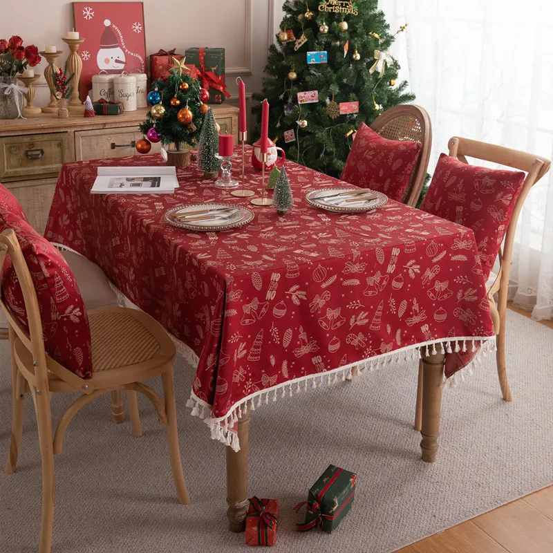 Cross-Border Christmas Waterproof  Red Knitted Christmas Tree Bell Deer Fringe Tablecloth Cover