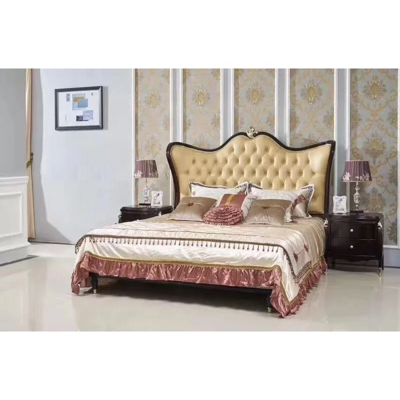 Traditional Oak Wood Luxury King Master Bedstead Solid Queen Size Genuine Leather Modern Dark Polish Single Bedroom Furniture