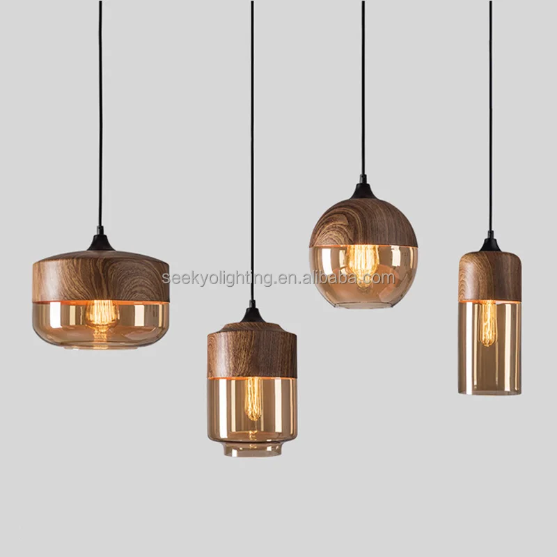 Vintage Wood Pendant Light Modern Decorative Wooden Chandelier Amber Glass Led Chandelier Wood Dining Table For Restaurant