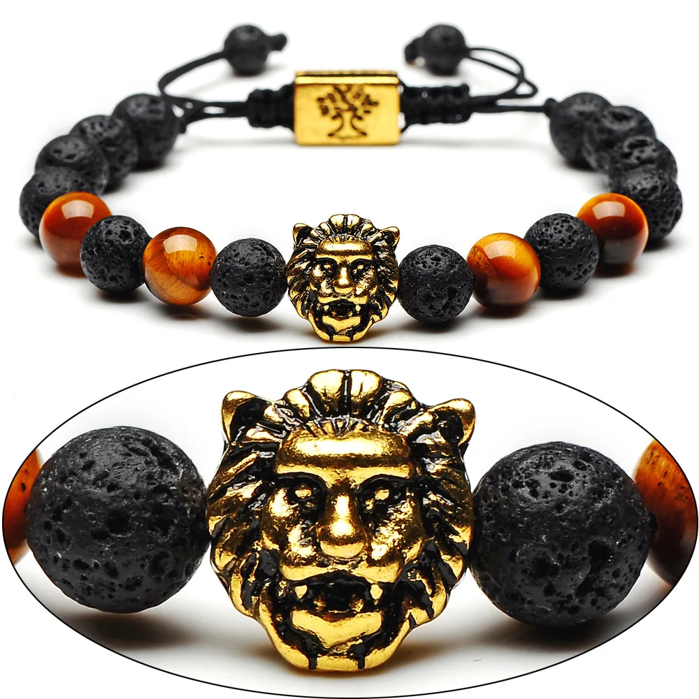 Wholesale Adjustable Chain Lava  Stone Tree of Life Men Bead Bracelet Lion Charm Jewelry 2022