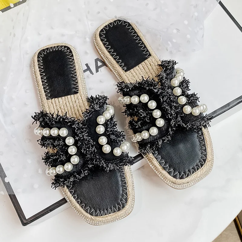 Pearl Casual Designer Soft And Shiny Fashion Rhinestone Chains Sandals Comfort Light Weight H Beach Flat Slides Slippers