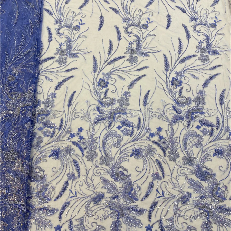 Luxury French Navy Blue Handmade Applique Pearl Beaded Lace Fabric With Sequins Embroidered