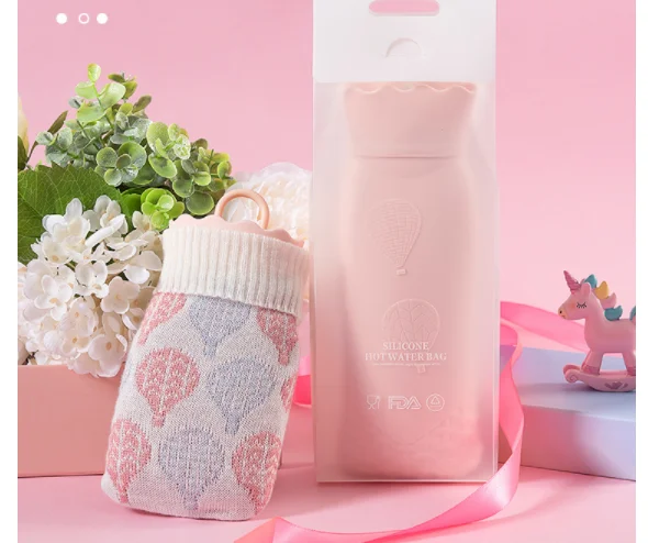 Cheap Reusable Microwave Heating Silicone Hot Water Bag Hand Warmer with Knit Cover