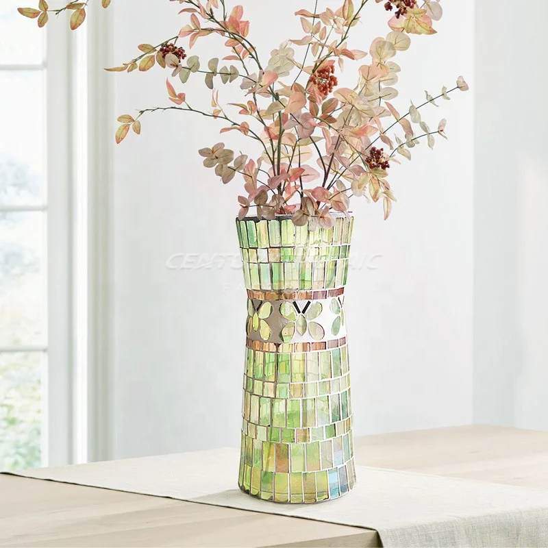 Centurymosaic Tall Butterfly Waist Vase Green Mosaic Glass Flower Vase for Wedding Party Home