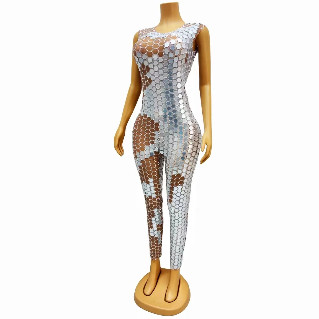 Shiny Sleeveless Glitter Sequin One Piece Bodysuit Slim Fit Rompers Pole Dance Leotard Plus Size Women Party Rhinestone Jumpsuit