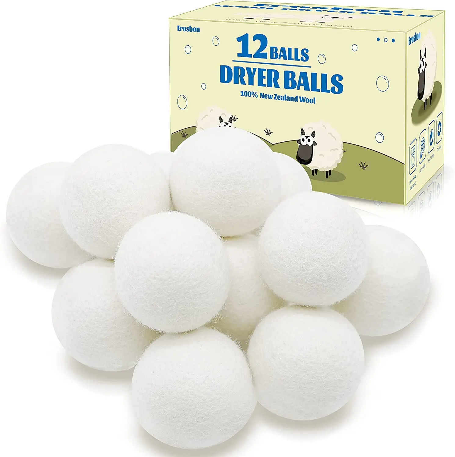 Wool Dryer Balls, 4-Pack,  12-Pack, XL 100% New Zealand Wool Natural, Reusable Fabric Softener Alternative to Dryer Sheets