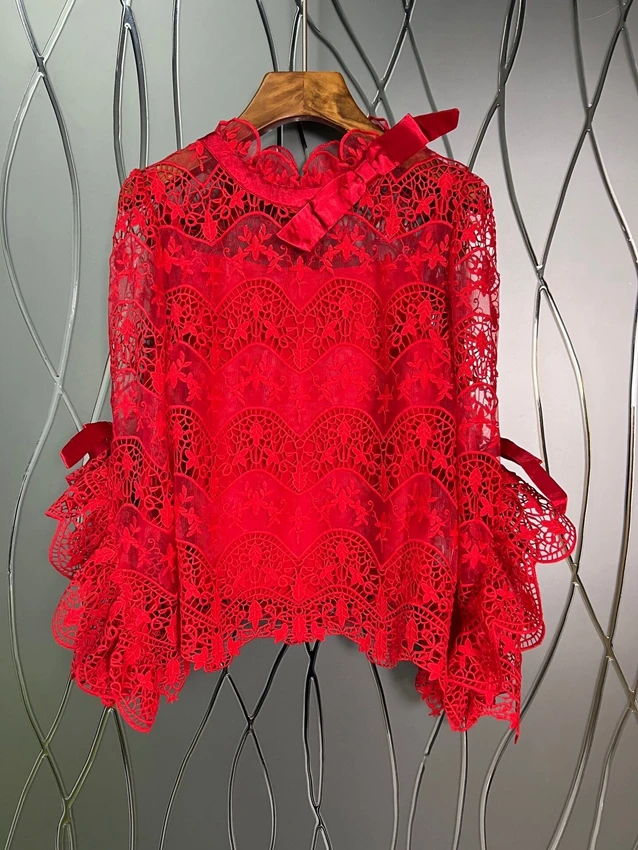 Tops Fashion Designer Blouses 2023 Spring Summer Blouse Women Allover Crochet Lace Embroidery Bow Deco Flare Sleeve Red Blue Top