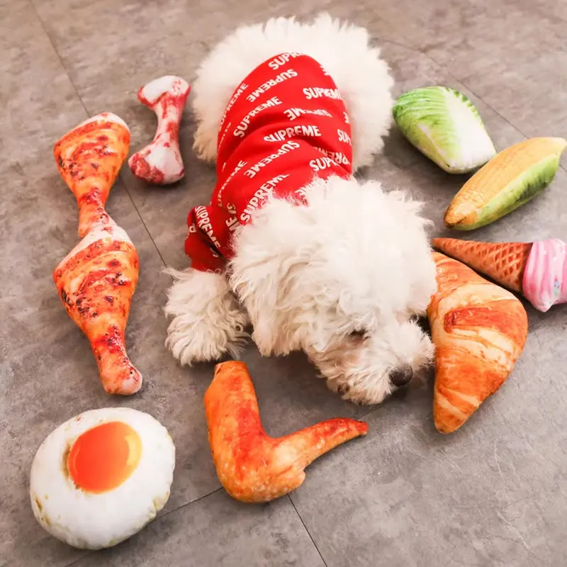 Gnawing voice funny suit new style simulation vegetable chicken leg dog puppy canvas puzzle voice pet animal stuffed plush toys