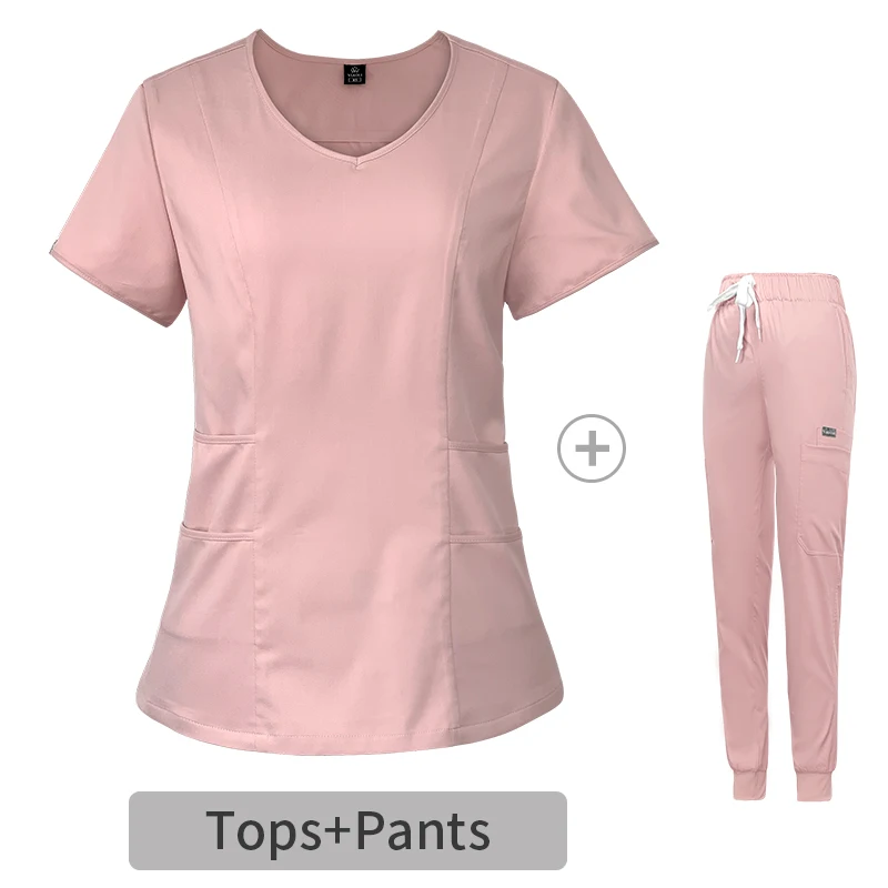2022 High Quality Pink Womens Medical Scrubs Logo V Neck Scrub Top Jogger Pants Hospital Uniform
