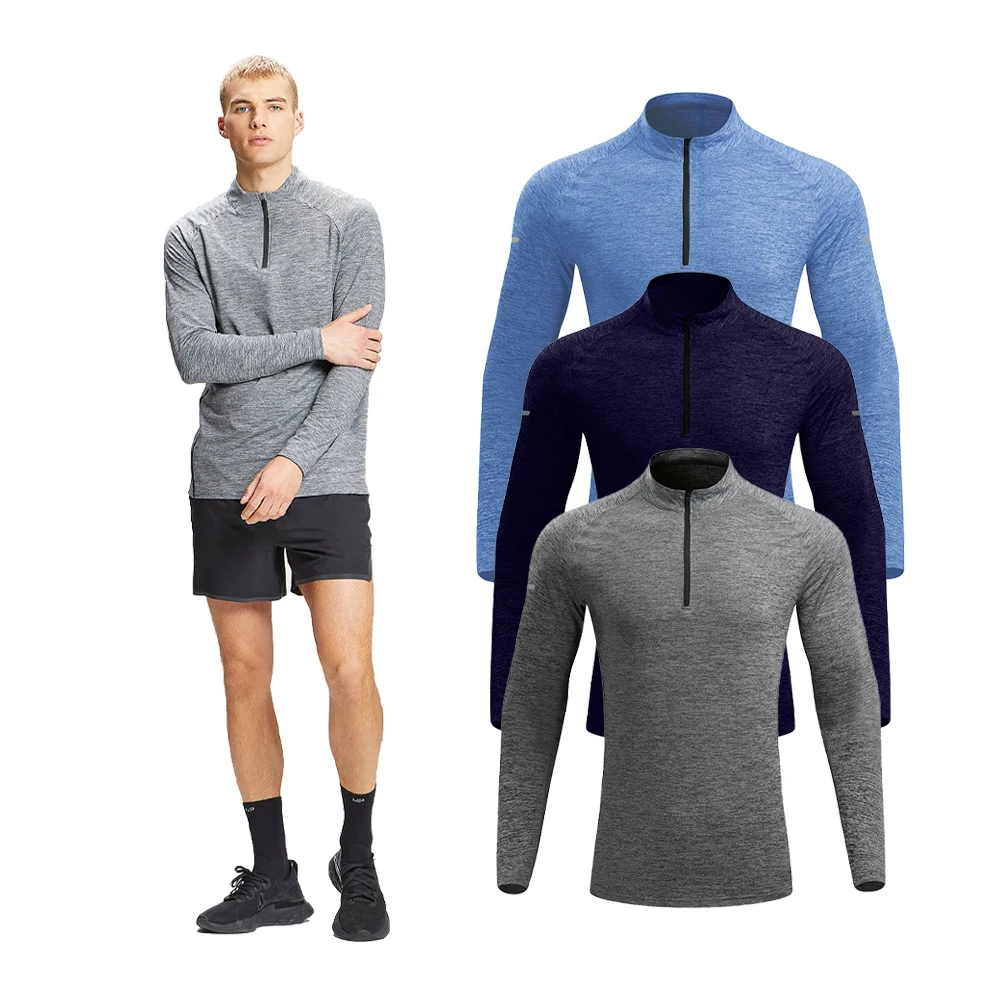 wholesale Quick Dry Half Zip Workout T Shirt For Men Compression Sport T shirt Running Jogging Quarter Zip Gym Tops