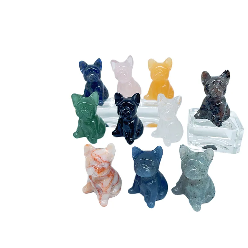 HZ Natural Gemstone Stone Quartz Hand Carved Crystal French Bulldog Dog for Home Decor