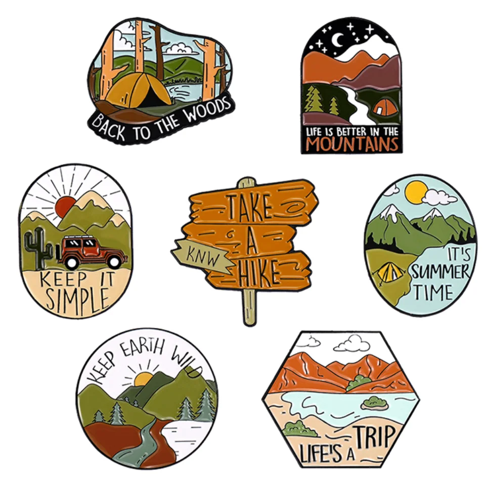 Outdoors Wild Camping Lapel Pins Take A Hiking Adventure Mountain Trip Brooches Enamel Pin Metal Badges