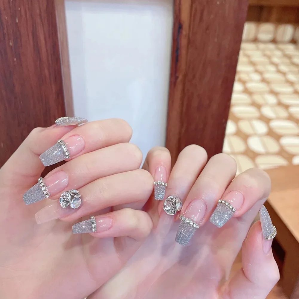 Factory outlet coffin extra long fake nails 24pcs rhinestones butterfly artificial nail tips wholesale press on nails