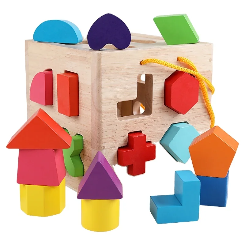 Wooden Geometric Shapes Toys Building Blocks Matching Cognition Training Early Wood Shape Sorting Cube