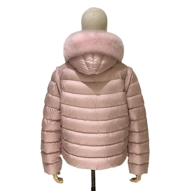New Design Sleeve Detachable Real Rex Rabbit Fur Fox Hood Trim Reversible Fur coat women