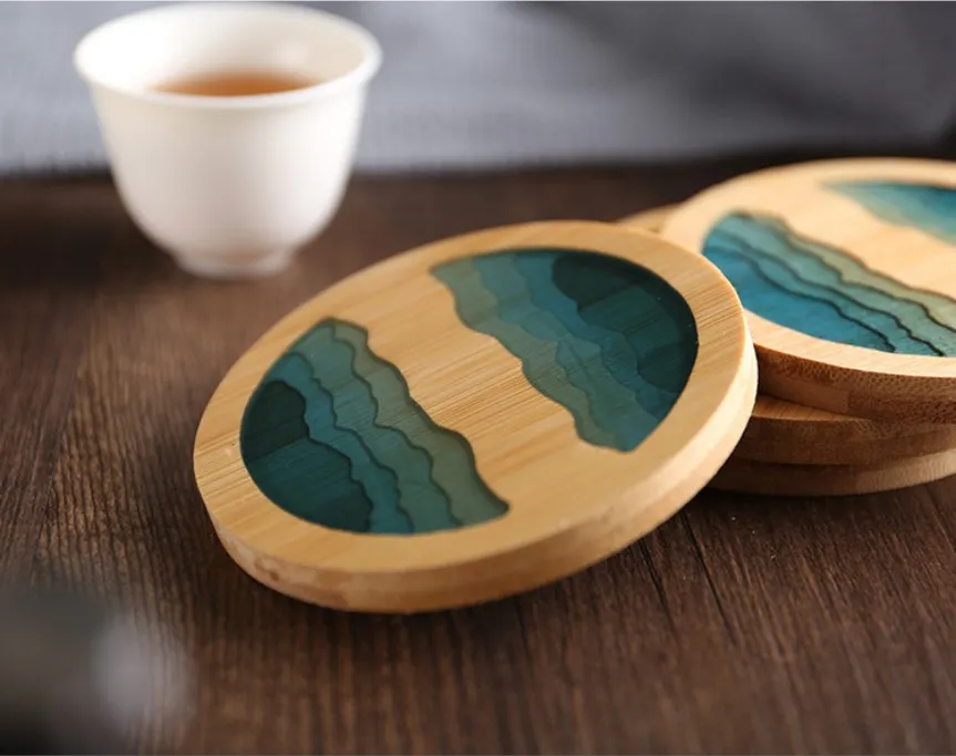 Natural bamboo wood with epoxy resin coaster round and square tea cup mat heat insulation pad for drink beer coffee tea