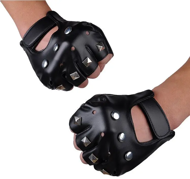FY Tape Studs Hollowed Leather Fingerless Glove Mitt Sport Riding Motor Batcave Goth Punk Rock Stage Party Costume