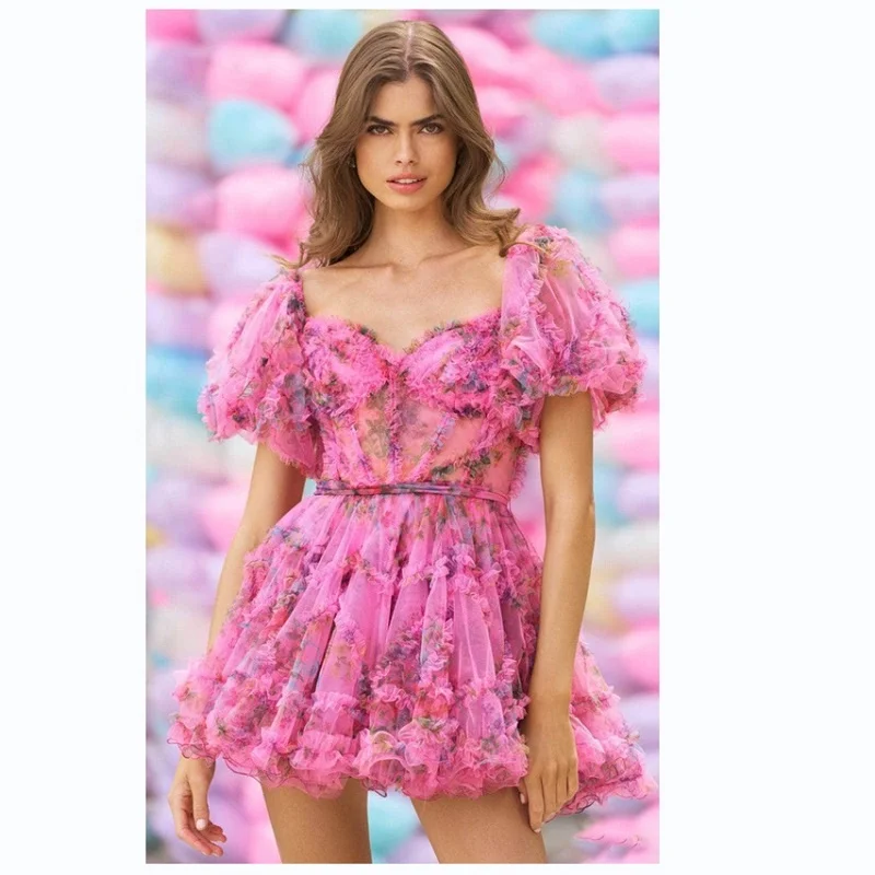 Elegant Summer Fashion 2023 Ladies Floral Printed Sheer Corset Casual Dresses Cap-Sleeves A line Short Dress for Women