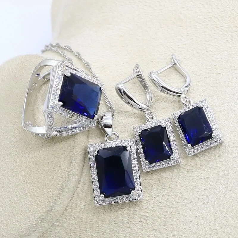 For Women Square Blue Sapphire silver jewelry wholesale Rings Bracelets Earrings Pendant Necklace custom jewelry sets