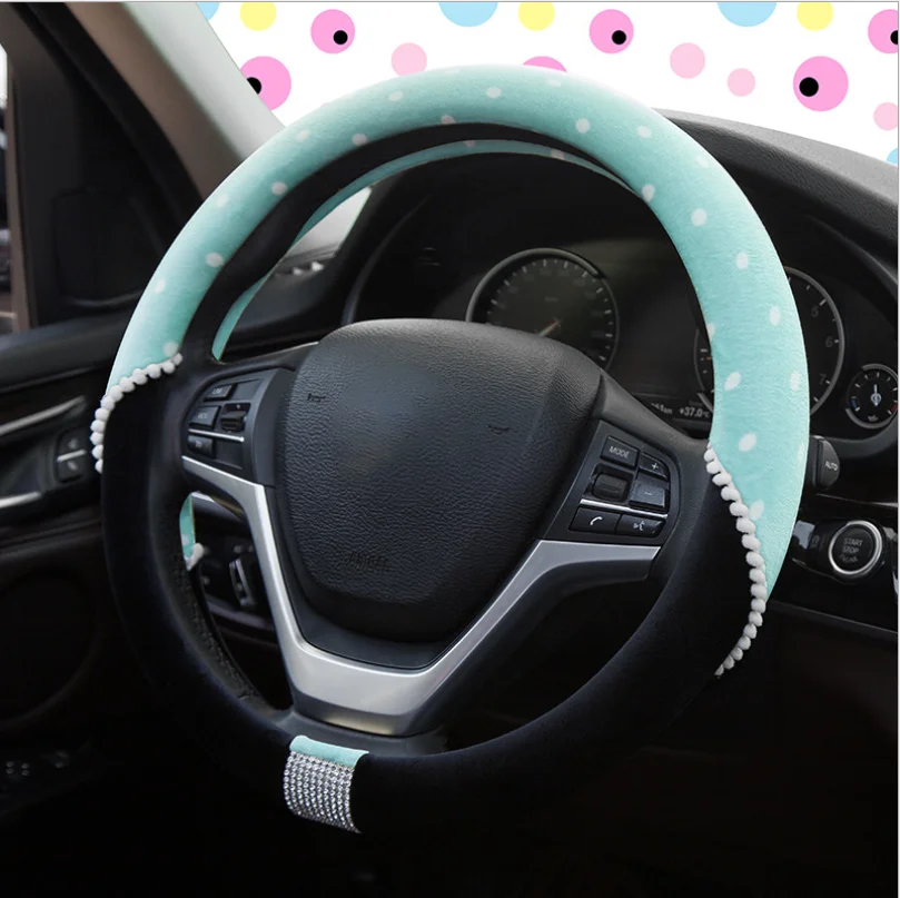 Зимний теплый нескользящий Модный мягкий пушистый чехол на руль автомобиля со стразами