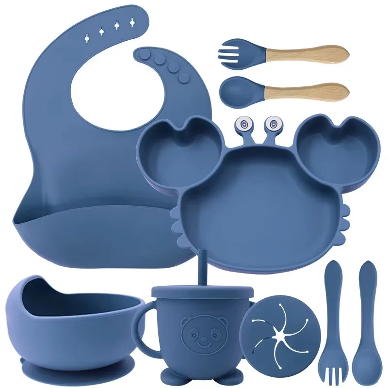BPA Free Food Grade Silicone Tableware Set With  Bowl Suction Cup Baby Bib Spoon Dishwasher Safe Silicone Baby Feeding Set