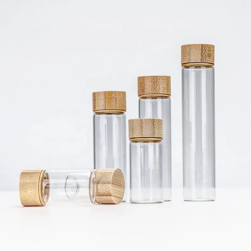 Spot Selling 5ml 10 ml 15ml Clear Amber Tubular Glass Vials With Bamboo Screw Caps