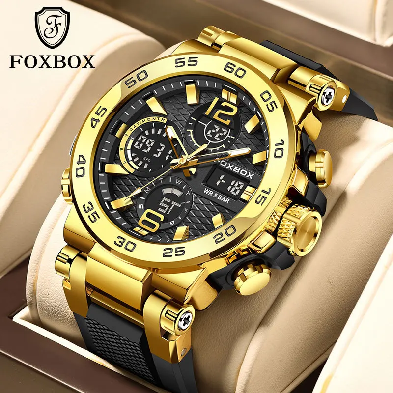 FOXBOX Mens Watch Luxury Sport Fashion Watches Dual Display Digital Wristwatch Chronograph Casual Lige Watch For Men Clock Reloj