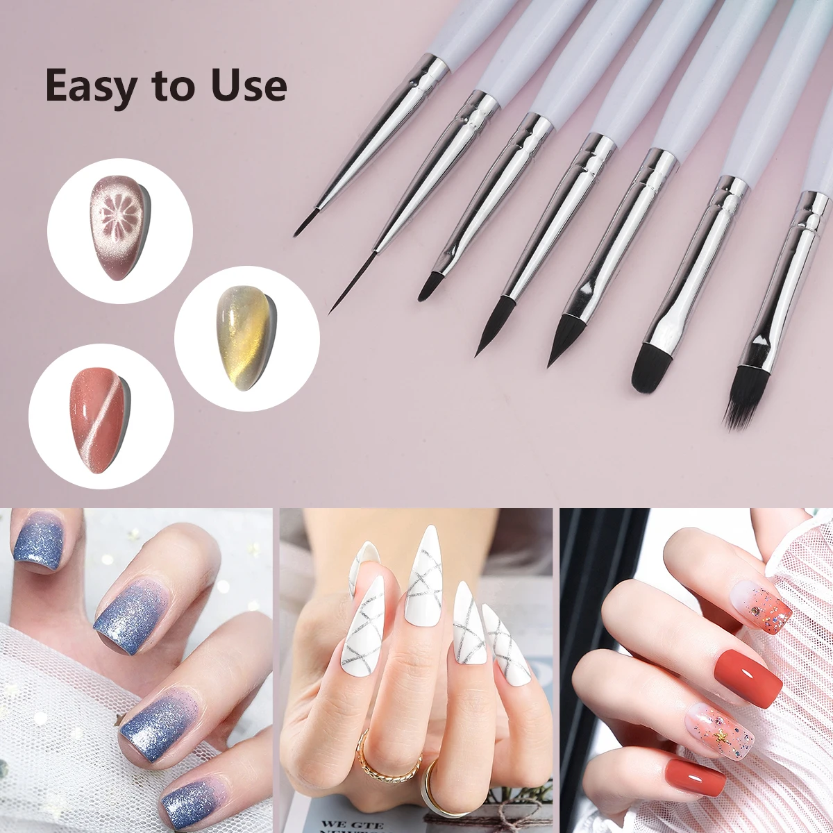 Hechunzi New Design Calabash Shape Acrylic Handle Green-white Gradient 7pcs/set Oval Flat Gel Liner Nail Art Brushes
