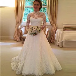 Wholesale women girl lady Wedding dresses long sleeve lace sheer dress bridal gown