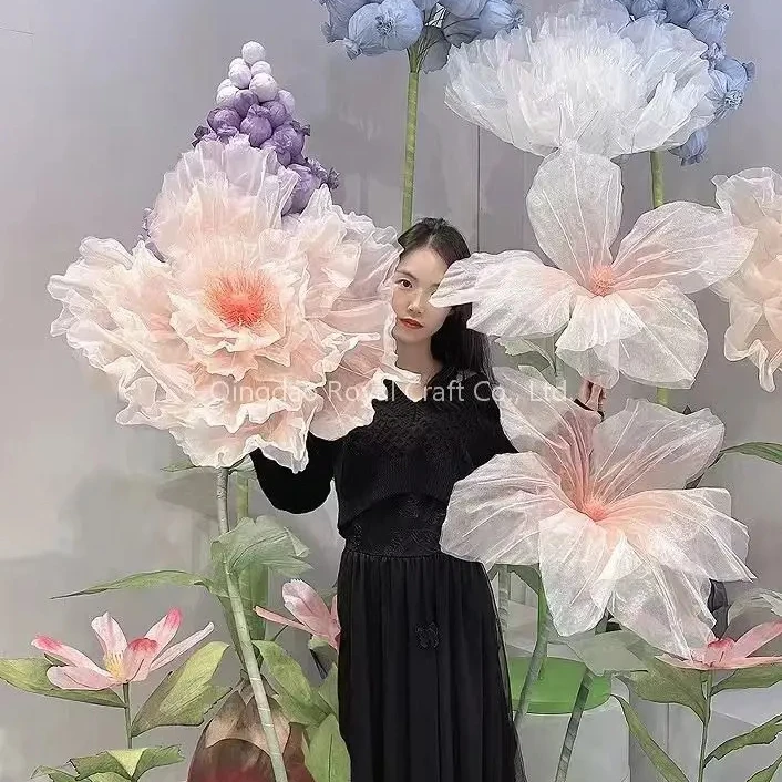 Party Catwalk Show Elegant Brilliant Automatic Opening Closing Large Gauze Silk Flowers Decor Large Party Props Wedding Lights